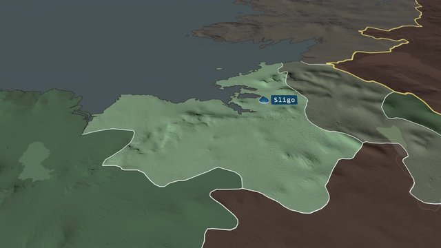 Sligo - county of Ireland with its capital zoomed on the administrative map of the globe. Animation 3D