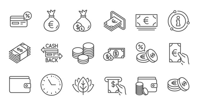 Money and payment line icons. Cash, Wallet and Coins. Account cashback linear icon set. Quality line set. Vector