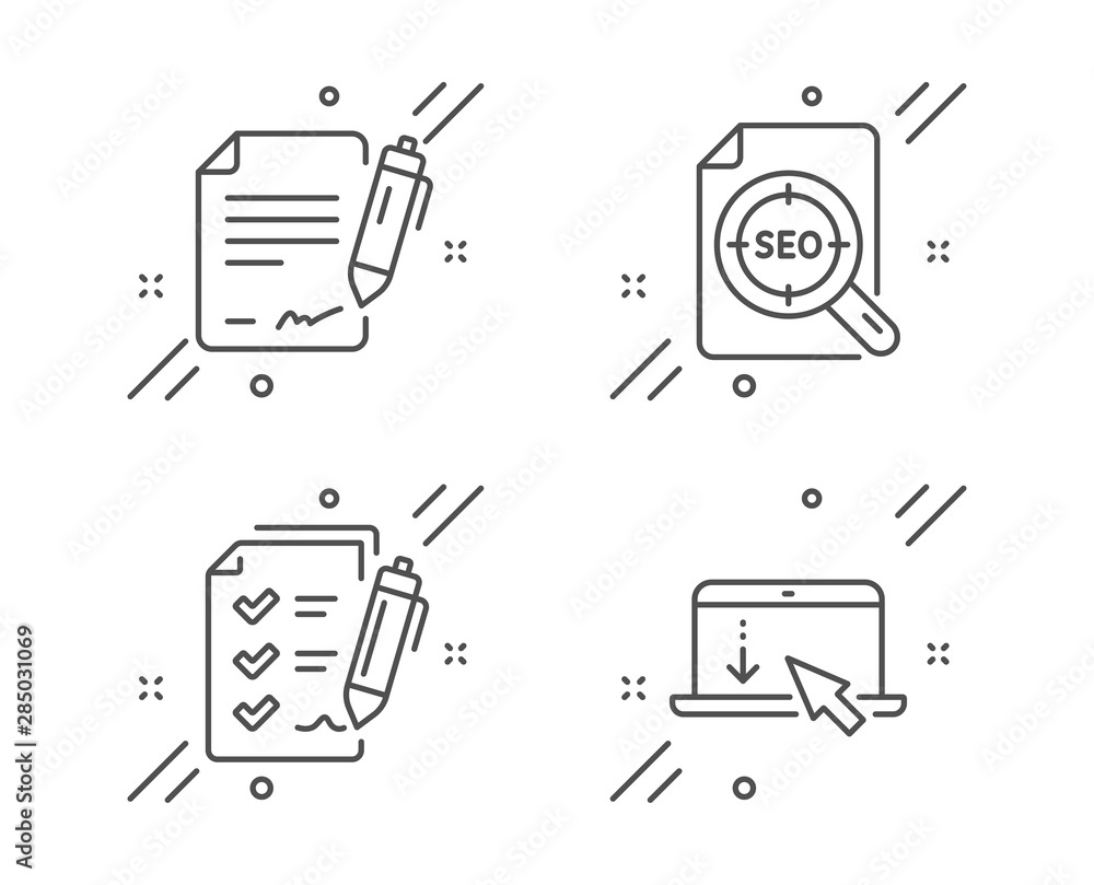 Poster signing document, seo file and survey checklist line icons set. scroll down sign. contract, search d