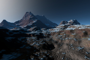 Mountain, a rocky landscape, snow on the ground, and a blue sky.