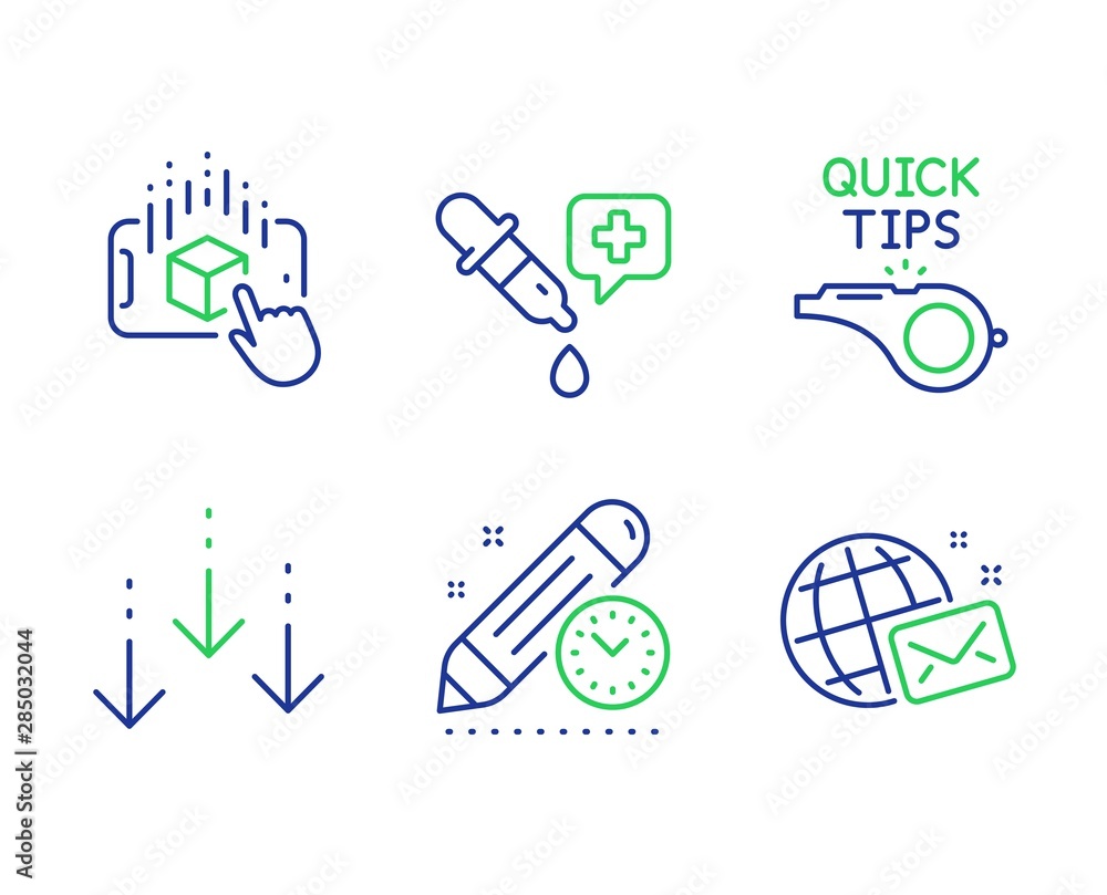 Poster Augmented reality, Chemistry pipette and Scroll down line icons set. Project deadline, Tutorials and World mail signs. Phone simulation, Laboratory, Swipe screen. Time management. Vector