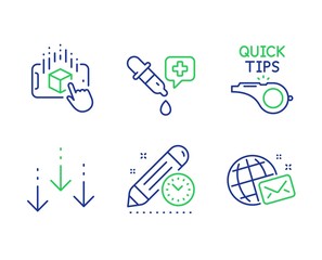 Augmented reality, Chemistry pipette and Scroll down line icons set. Project deadline, Tutorials and World mail signs. Phone simulation, Laboratory, Swipe screen. Time management. Vector