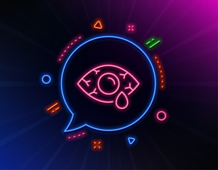 Ð¡onjunctivitis eye line icon. Neon laser lights. Oculist clinic sign. Optometry vision symbol. Glow laser speech bubble. Neon lights chat bubble. Banner badge with Ð¡onjunctivitis eye icon. Vector