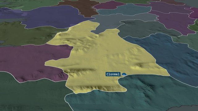 Tipperary - county of Ireland with its capital zoomed on the administrative map of the globe. Animation 3D
