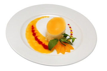 Slice of delicious Orange cheesecake on white plate on white isolated background