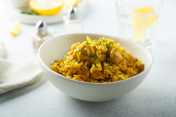 Spiced vegan rice in white bowl