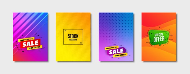 Stock clearance sale symbol. Cover design, banner badge. Special offer price sign. Advertising discounts symbol. Poster template. Sale, hot offer discount. Flyer or cover background. Vector