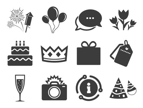 Fireworks, air balloon and champagne glass signs. Discount offer tag, chat, info icon. Party celebration, birthday icons. Gift box, flowers and photo camera symbols. Classic style signs set. Vector