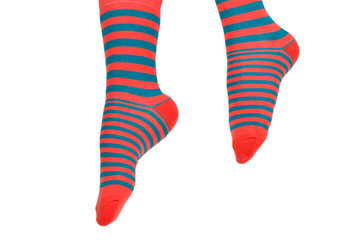 Woman in orange socks isolated on white background. Top view.