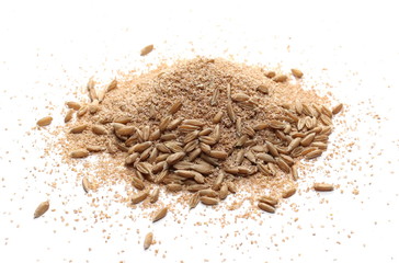 Spelt bran and grains isolated on white background