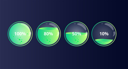 Modern 100 80 50 10 percent loading status indicator. Glass liquid level of power in bottle. Glossy style of loading bar in electronic device. Colorful discharged and fully charged battery.
