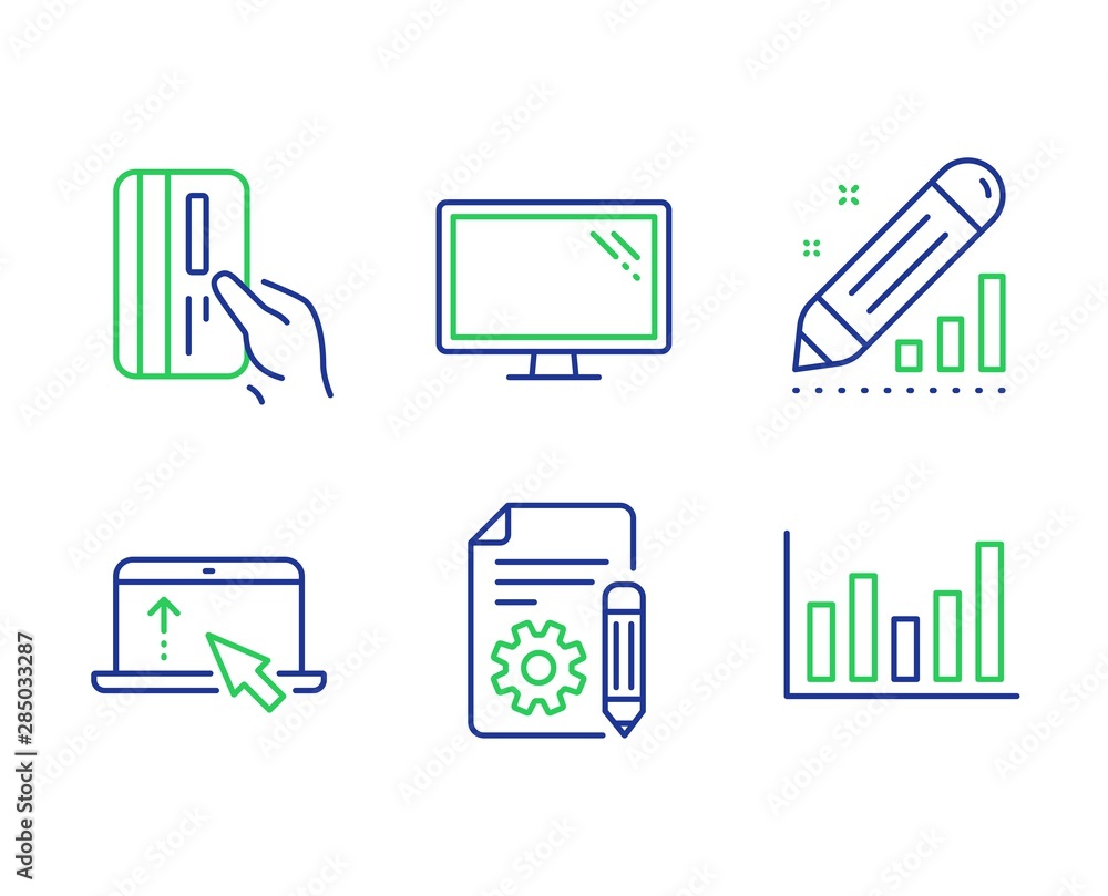 Aufkleber documentation, monitor and edit statistics line icons set. payment card, swipe up and column chart s