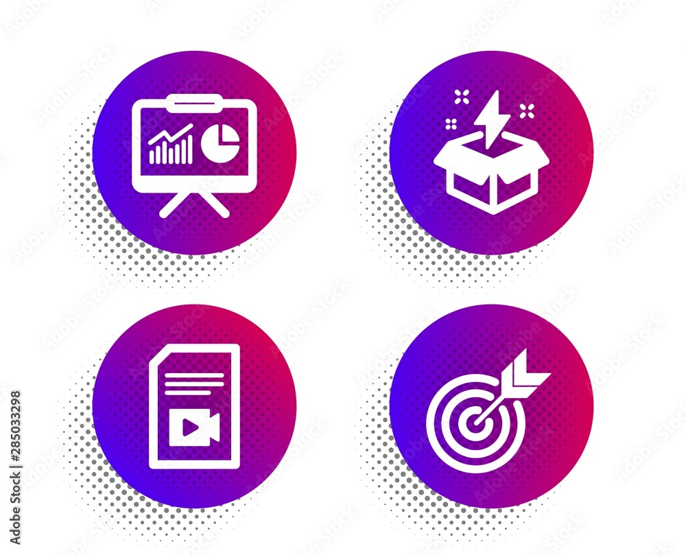 Aufkleber video file, presentation and creative idea icons simple set. halftone dots button. target sign. vlog