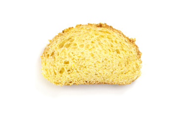 A slice of corn bread close-up. Delicious homemade bread isolated on a white background.
