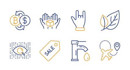 Artificial intelligence, Bitcoin exchange and Horns hand line icons set. Leaf, Hold box and Sale ticket signs. Tap water, Airplane symbols. Find data, Cryptocurrency change. Business set. Vector