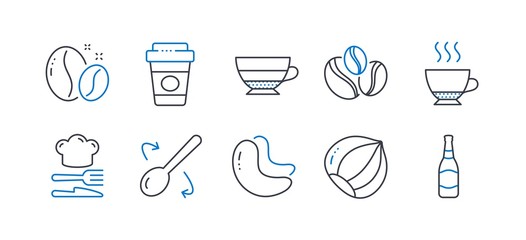 Set of Food and drink icons, such as Cashew nut, Coffee beans, Hazelnut, Espresso, Cooking spoon, Food, Coffee-berry beans, Takeaway coffee, Americano, Beer bottle line icons. Vector