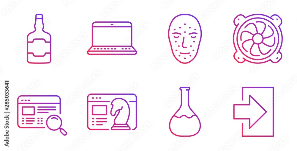 Poster website search, computer fan and chemistry lab line icons set. notebook, face biometrics and seo str