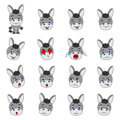 Big set of heads with expressions of emotions of funny donkey in cartoon style isolated on white background