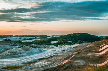 Sunset over kaolin mining site in Hlukhivtsi, Ukraine