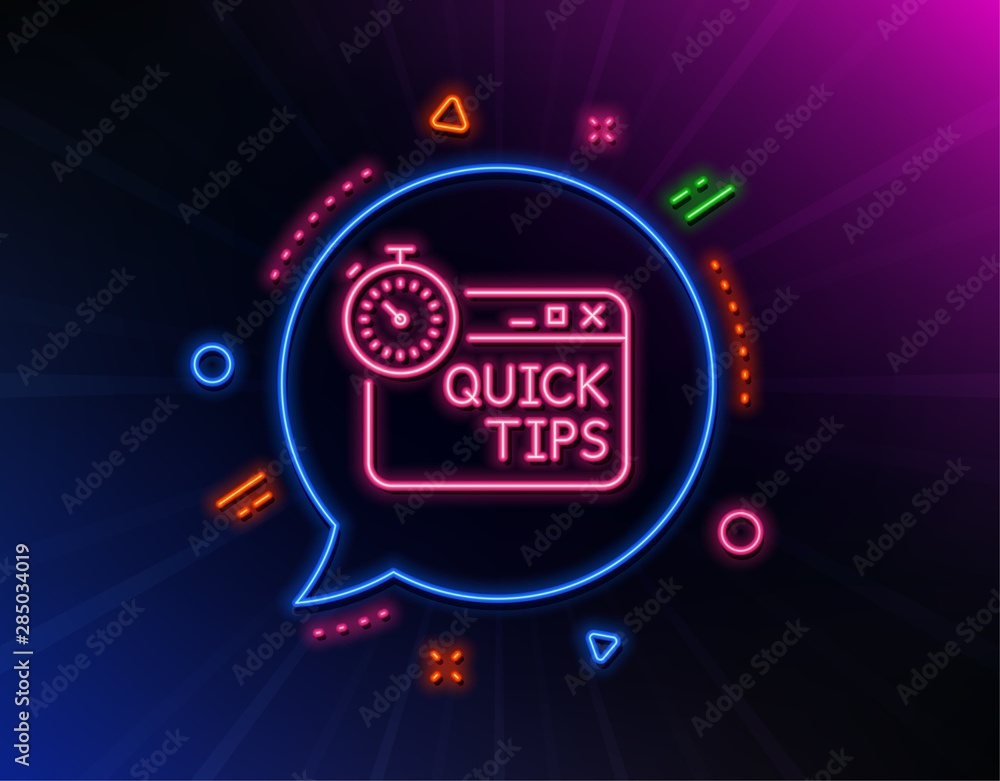 Poster quick tips line icon. neon laser lights. helpful tricks sign. tutorials with timer symbol. glow lase