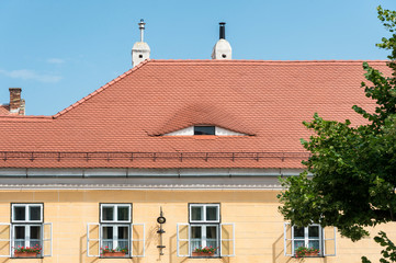 Eye-shaped windows on the roof of an old house in the city of Sibiu (Romania).