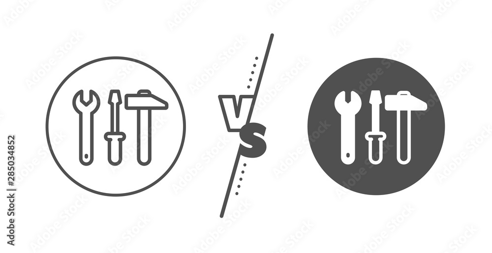 Poster repair service sign. versus concept. spanner, hammer and screwdriver line icon. fix instruments symb