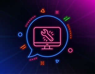 Spanner tool line icon. Neon laser lights. Monitor or computer repair service sign. Fix instruments symbol. Glow laser speech bubble. Neon lights chat bubble. Vector
