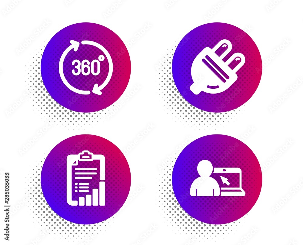 Poster electric plug, 360 degrees and checklist icons simple set. halftone dots button. online education si