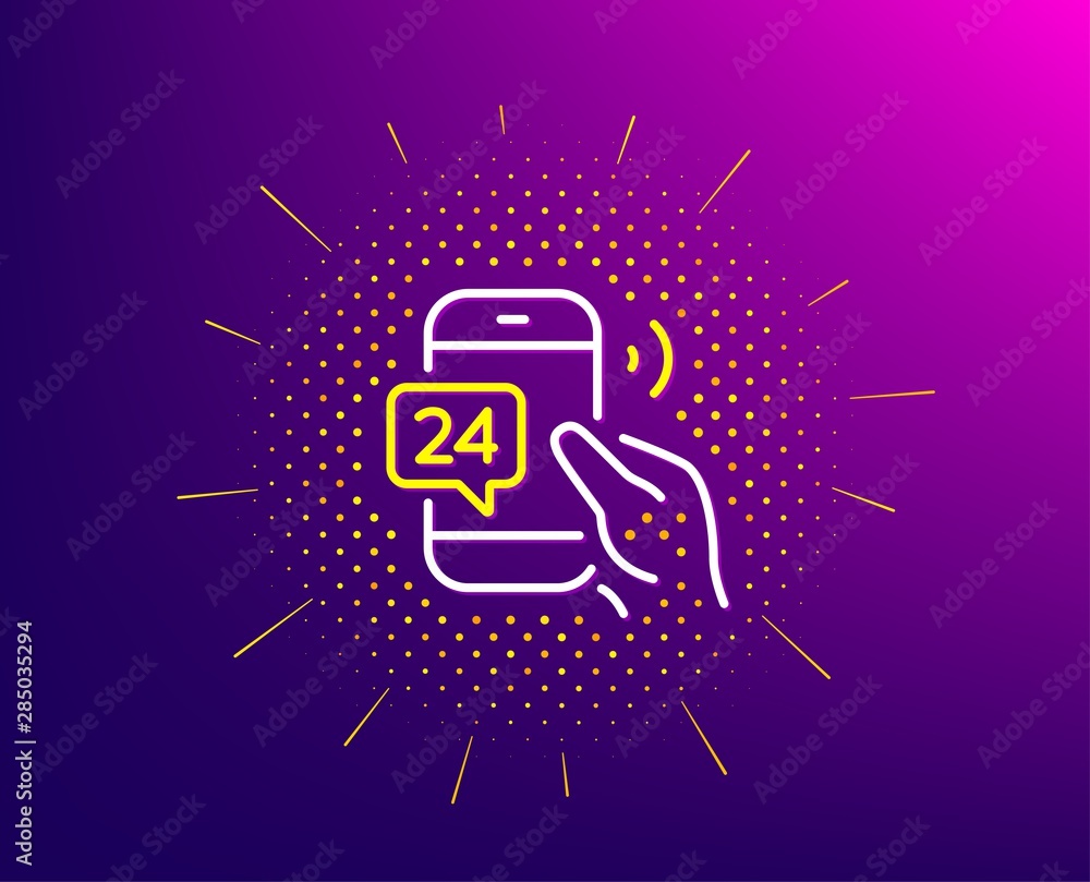 Poster 24 hour service line icon. halftone pattern. call support sign. feedback chat symbol. gradient backg