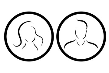 Vector silhouette of symbol of man and woman on white background. Sign of people. Logo in round frame.