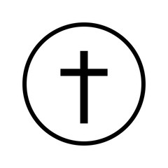 Vector silhouette of cross on white background. Symbol of christianity, religion, faith, trust. Logo in round frame.