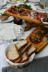 cutting on a wooden stand on the festive table