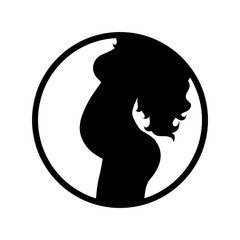 Vector silhouette of pregnant woman on white background. Symbol of girl, pregnancy,maternity,belly. Logo in round frame.