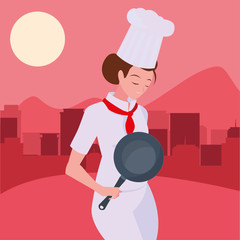 woman chef with frying pan