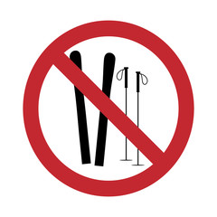 Vector silhouette no entry mark with ski on white background. Symbol of stop,prohibition,warning.