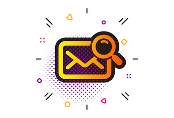 Find letter document sign. Halftone circles pattern. Search mail icon. Magnify glass. Classic flat search mail icon. Vector