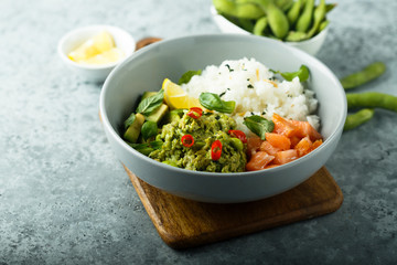 Rice bowl with smoked salmon and avocado