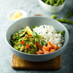 Rice bowl with smoked salmon and avocado