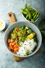 Rice bowl with smoked salmon and avocado