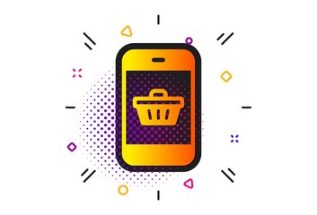 Smartphone Online buying sign. Halftone circles pattern. Mobile Shopping cart icon. Supermarket basket symbol. Classic flat smartphone buying icon. Vector