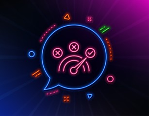 Correct answer line icon. Neon laser lights. Speedometer concept sign. Check symbol. Glow laser speech bubble. Neon lights chat bubble. Banner badge with correct answer icon. Vector