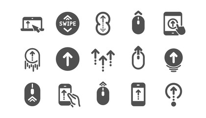 Swipe up icons. Scrolling mouse, landing page swipe signs. Scroll up mobile device technology icons. Website scroll navigation. Classic set. Quality set. Vector