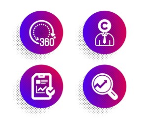 Copyrighter, Report checklist and 360 degrees icons simple set. Halftone dots button. Analytics sign. Writer person, Sales growth file, Panoramic view. Audit analysis. Science set. Vector