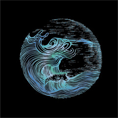 Color illustration of sea waves and sky in hatching style. Tattoo idea.