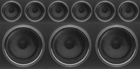 Music and sound - Front view three bass Subwoofer and six speaker enclosure