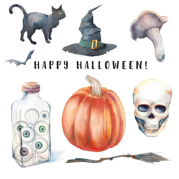 Watercolor Halloween set. Hand drawn holiday icons isolated on white background. Toadstool, party balloons, skull, pumpkin, witch hat, broom, black cat and bottle with eyes
