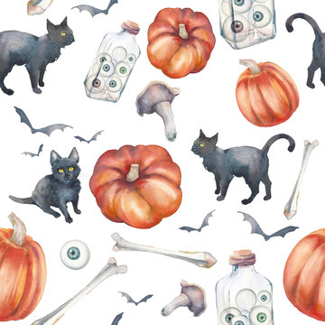 Watercolor Halloween seamless pattern. Hand painted repeating texture with pumpkins, bones, black cat, bats.