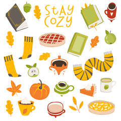 Autumn sticker collection. Set of cute cartoon autumn element. Fall season. Collection of scrapbook elements for party, harvest festival or Thanksgiving day.