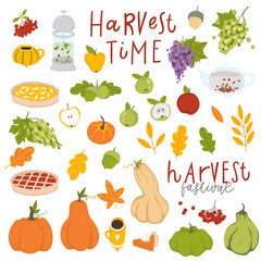 Autumn sticker collection. Set of cute cartoon autumn element. Fall season. Collection of scrapbook elements for party, harvest festival or Thanksgiving day.