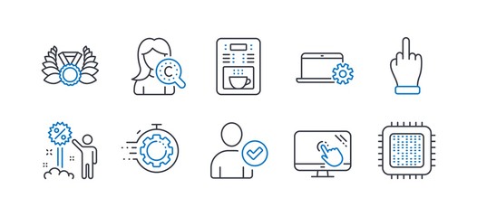 Set of Business icons, such as Discount, Notebook service, Laureate medal, Coffee maker, Collagen skin, Touch screen, Identity confirmed, Seo timer, Middle finger, Cpu processor. Vector
